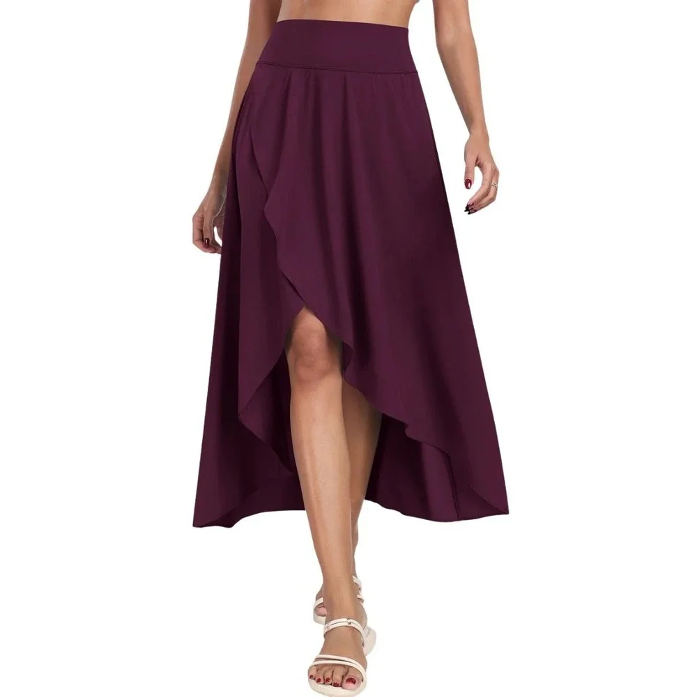 Asymmetrical High-Low Ruffle Skirt in Deep Plum